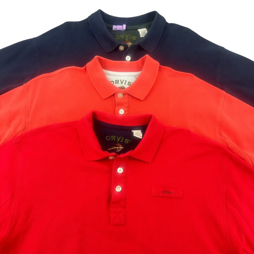Lot of 3 Orvis Mens Red Short Sleeve Cotton Pique Polo Shirt Size‎ Large
